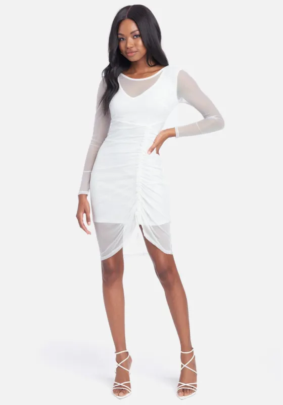Long Sleeve Mesh Ruched Dress sold by Bebe