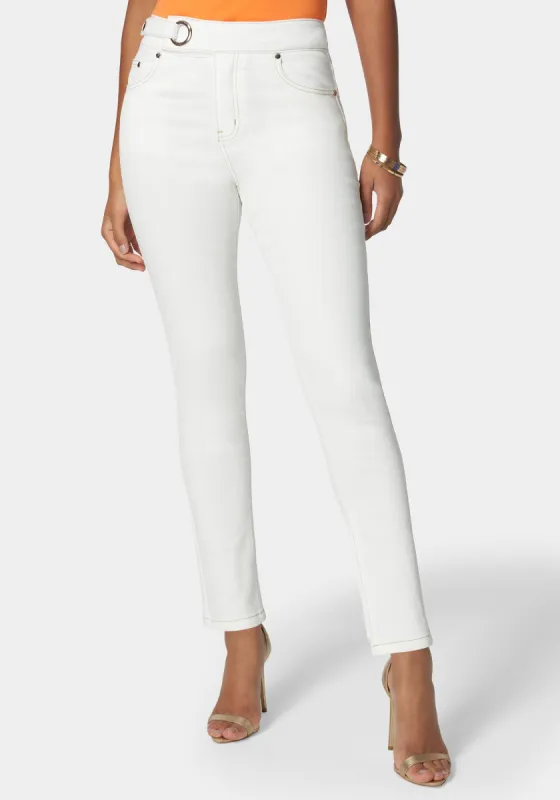 Natural Waist Tab Detail Skinny Jeans sold by Bebe