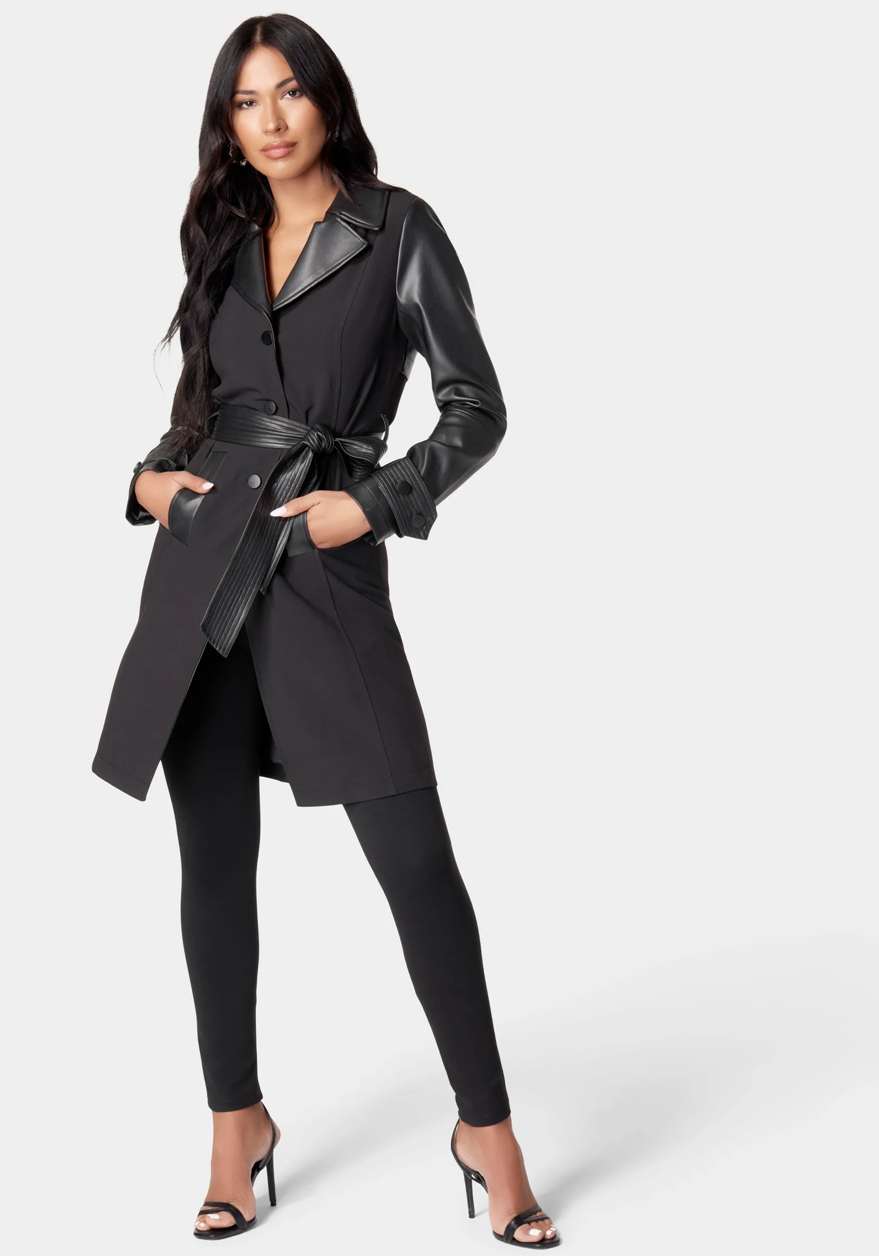 Vegan Leather Combo Woven Twill Trench Coat sold by Bebe