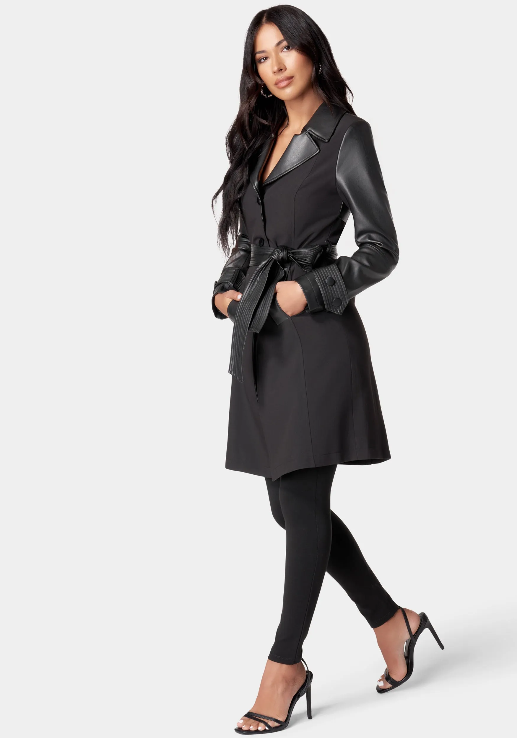 Vegan Leather Combo Woven Twill Trench Coat sold by Bebe product image thumbnail 2