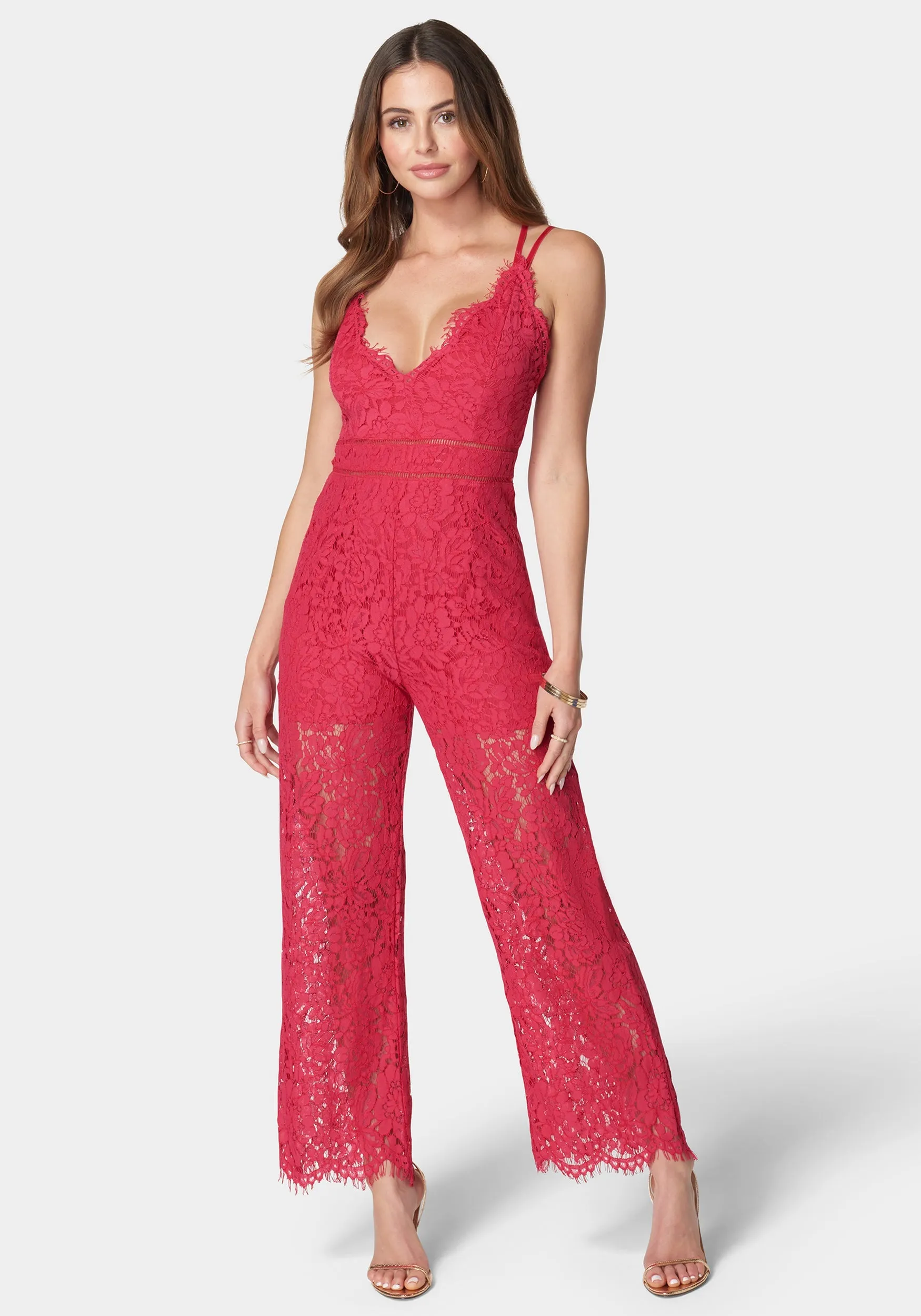 Strappy Back Lace Jumpsuit sold by Bebe