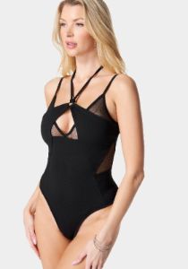 Mesh Combo Strappy Halter Bodysuit sold by Bebe