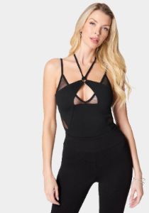 Mesh Combo Strappy Halter Bodysuit sold by Bebe