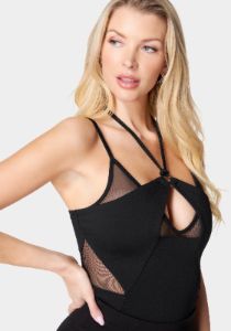 Mesh Combo Strappy Halter Bodysuit sold by Bebe