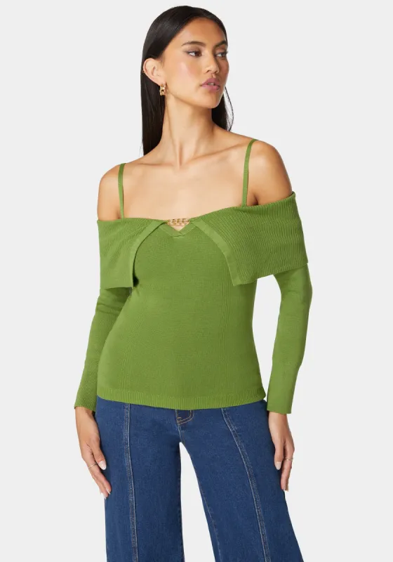 Off Shoulder Fold Over Chain Detail Sweater sold by Bebe