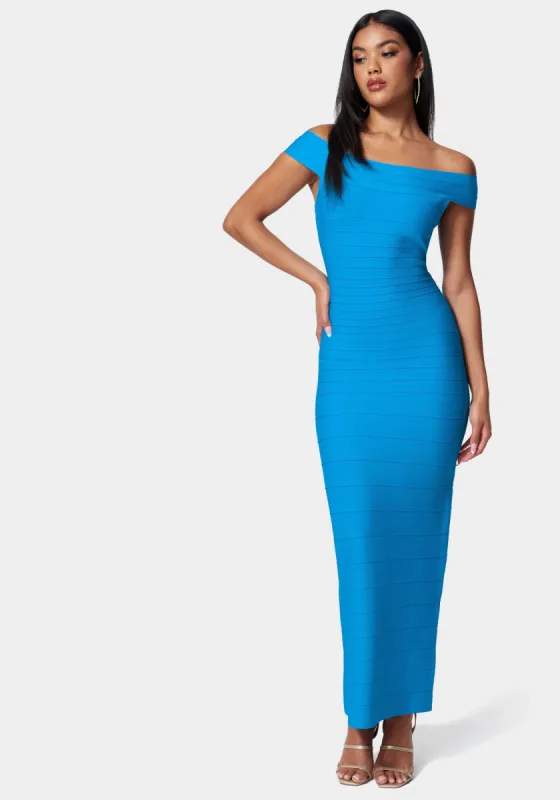 Luxe Bandage Off Shoulder Gown sold by Bebe