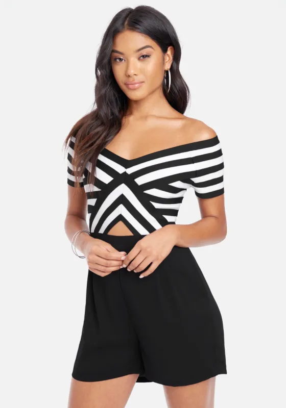 Off The Shoulder Stripe Romper sold by Bebe