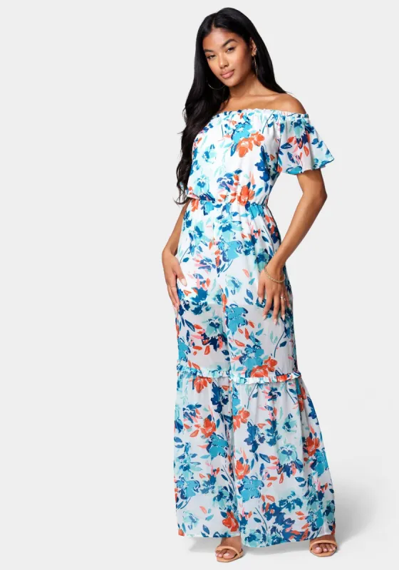 Printed Off Shoulder Slit Leg Jumpsuit sold by Bebe