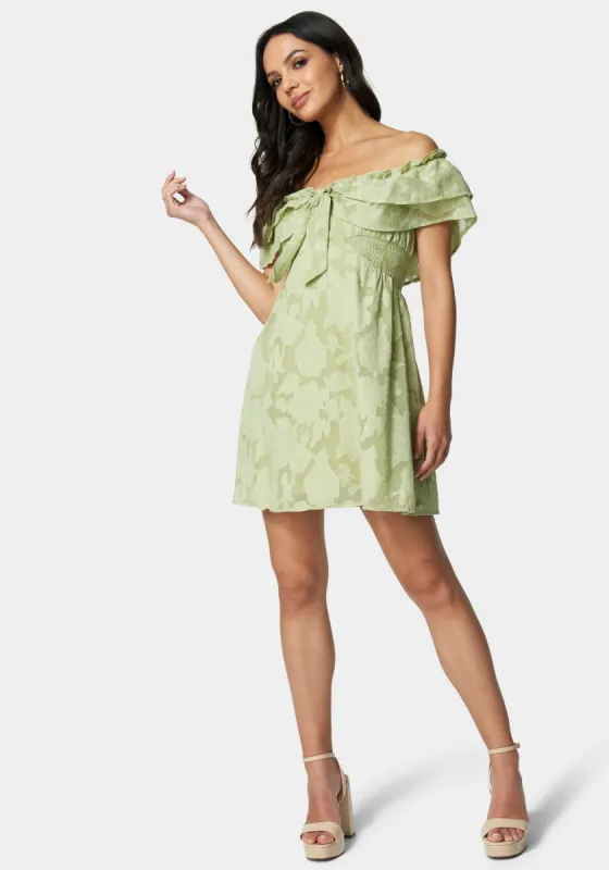 Double Ruffle Jacquard Flare Dress sold by Bebe