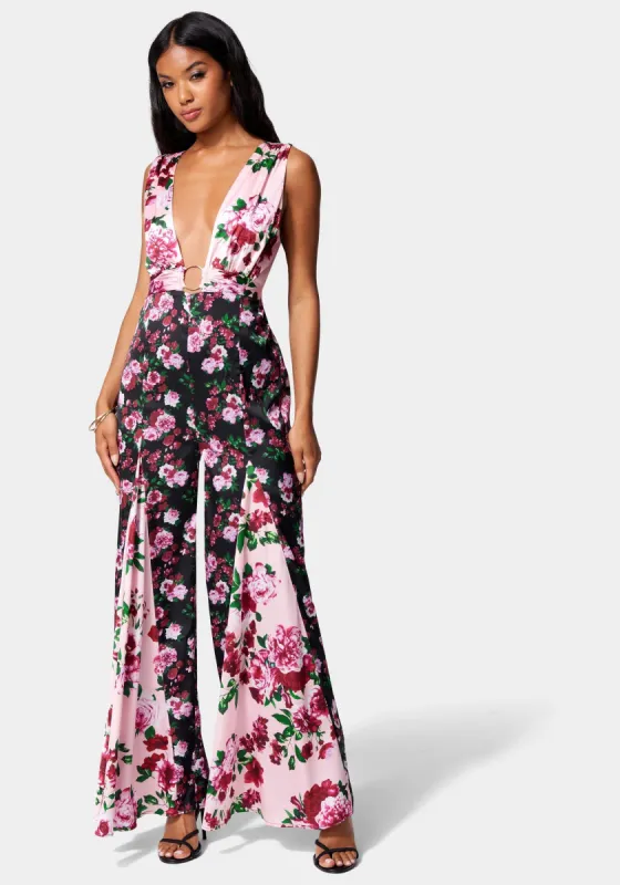 Printed Deep V Godet Leg Jumpsuit sold by Bebe