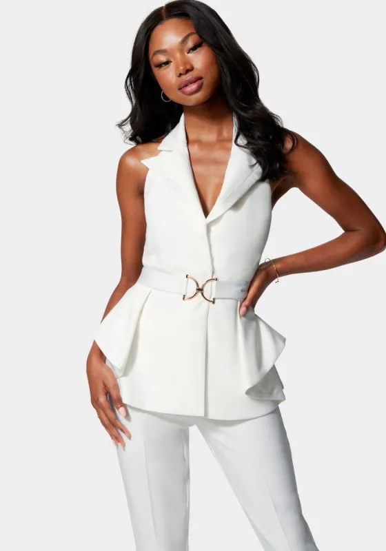 Combo Satin Sleeveless Peplum Jacket sold by Bebe