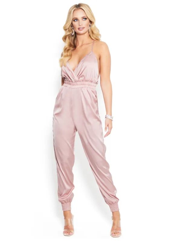 Smocked Waist Satin Jumpsuit sold by Bebe