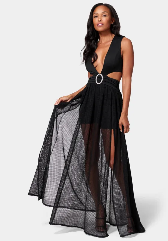 Mesh Deep V Buckle Gown made by Bebe