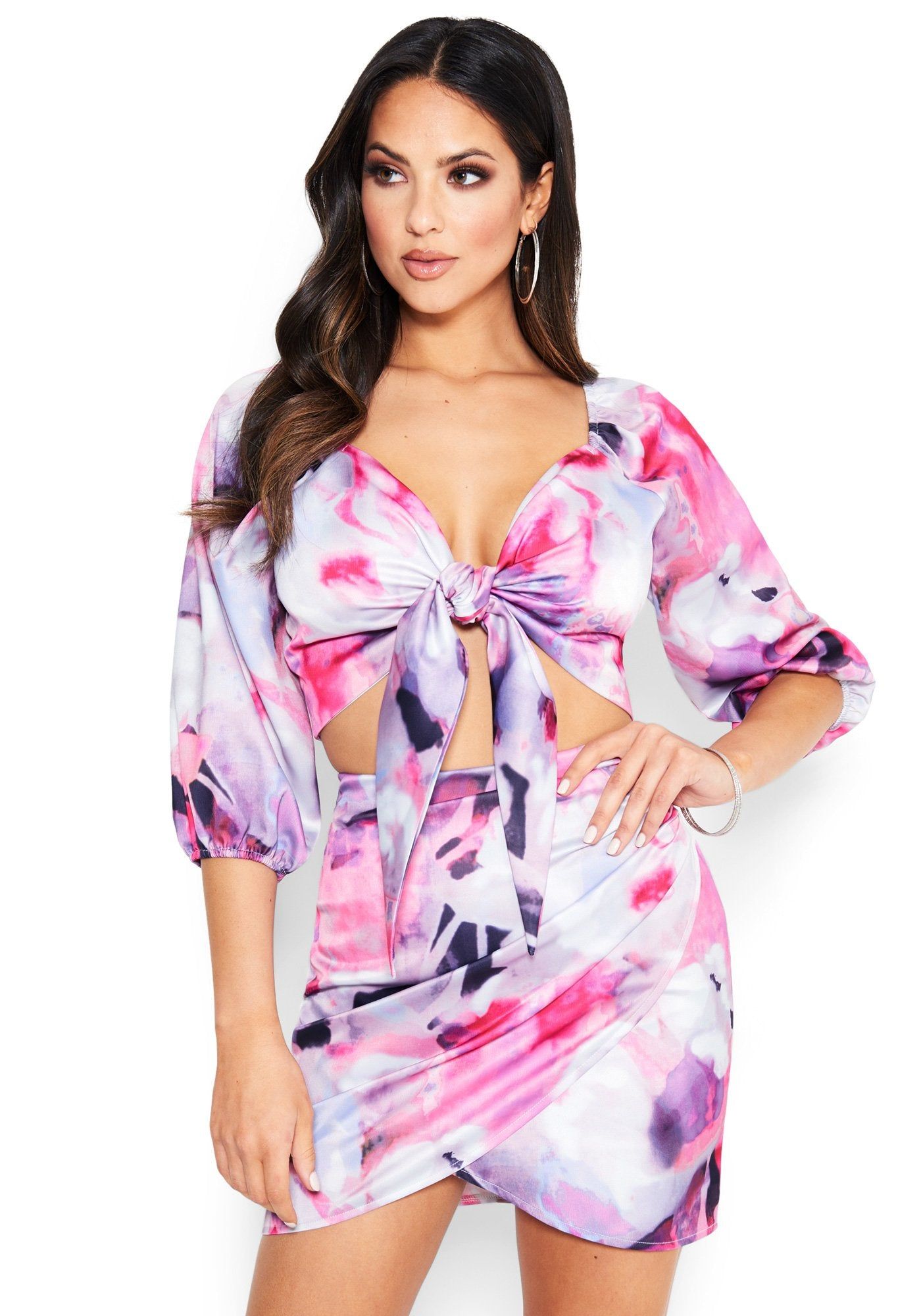 Printed Satin Tie Front Crop Top sold by Bebe