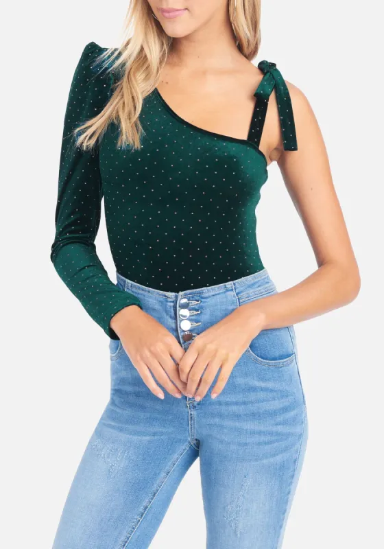 One Shoulder Velour Bodysuit sold by Bebe