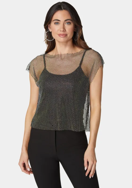 Rhinestone Fishnet Top With Knit Tank sold by Bebe