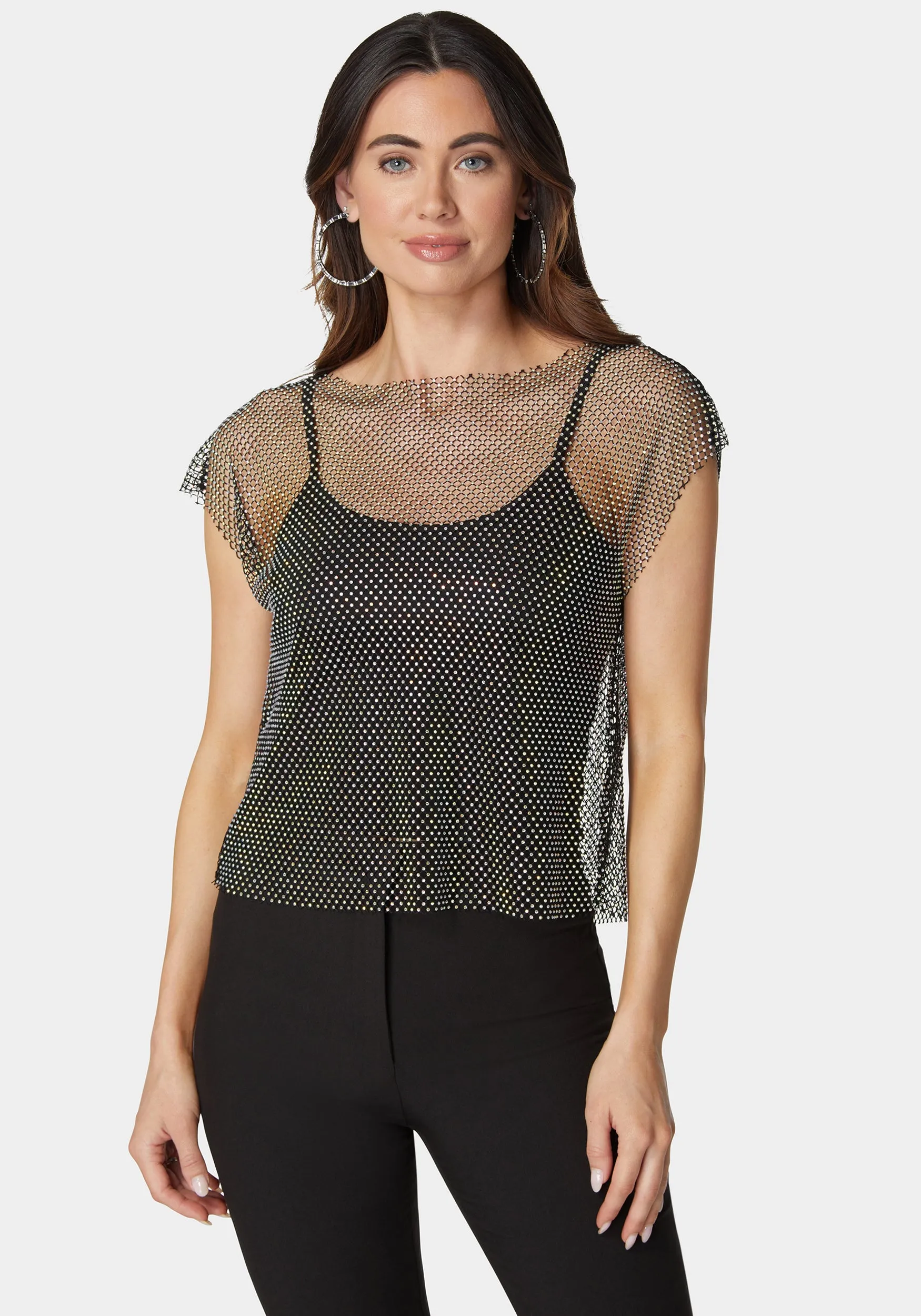 Rhinestone Fishnet Top With Knit Tank sold by Bebe