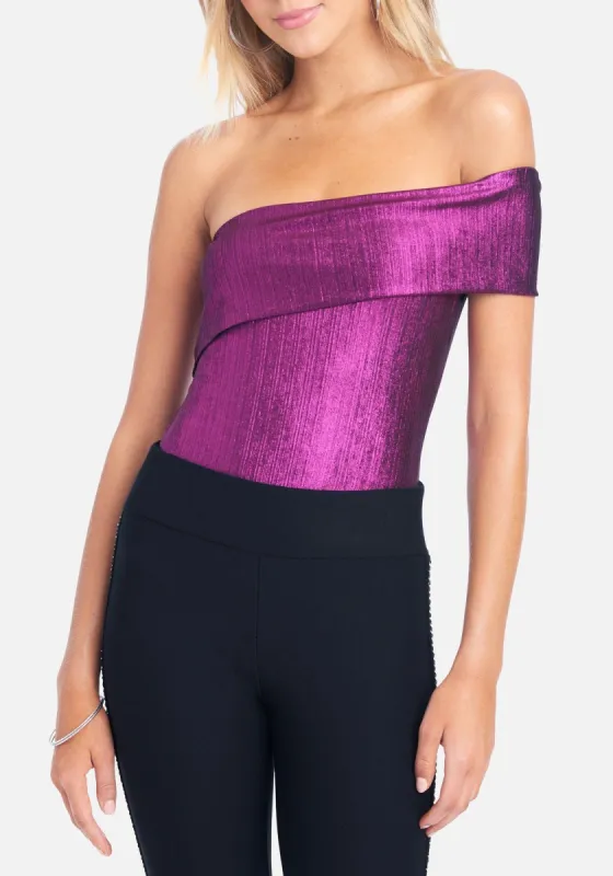 One Shoulder Foil Rib Bodysuit sold by Bebe