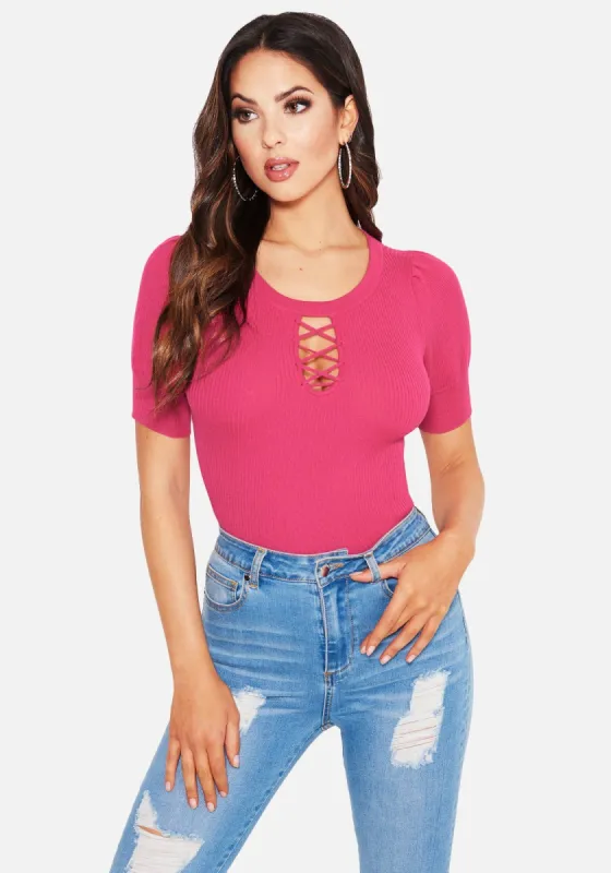 Ruched Sleeve Lace Front Sweater sold by Bebe