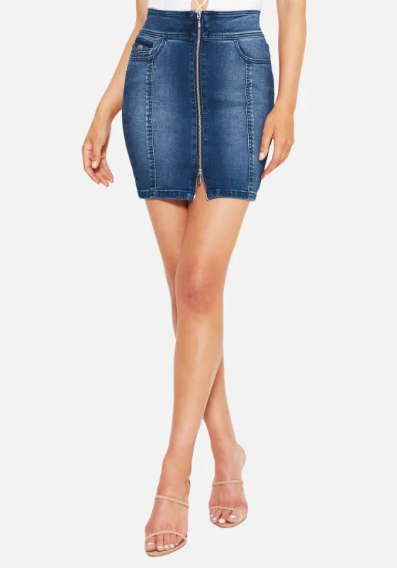 Mini Zip Front Jean Skirt sold by Bebe