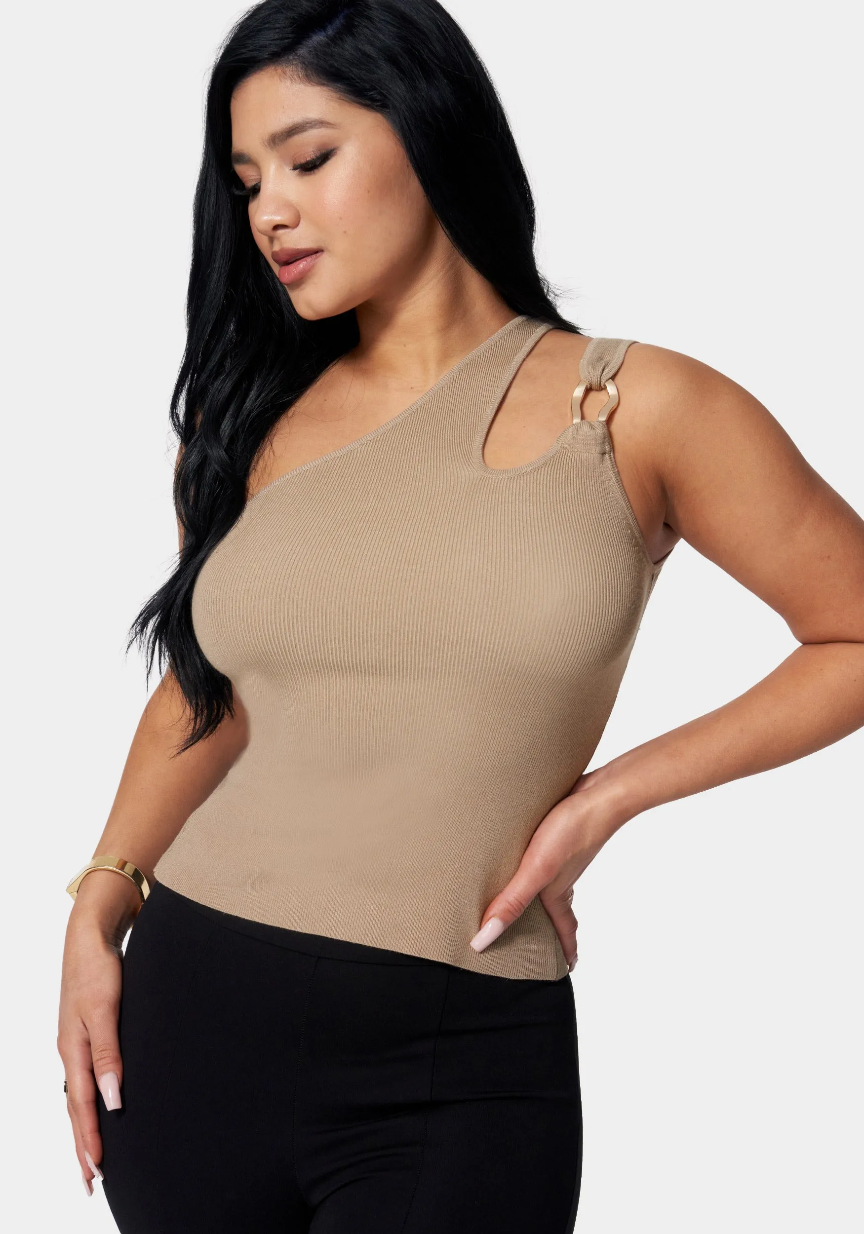One Shoulder Ring Detail Sweater sold by Bebe