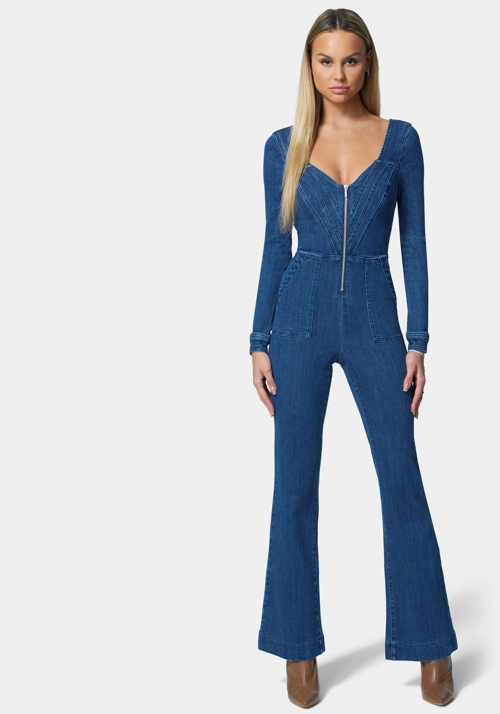 Multistitch Wide Leg Denim Jumpsuit sold by Bebe
