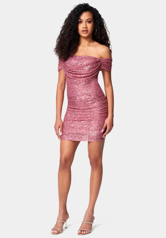 Sequin Drapey Ruched Mini Dress sold by Bebe