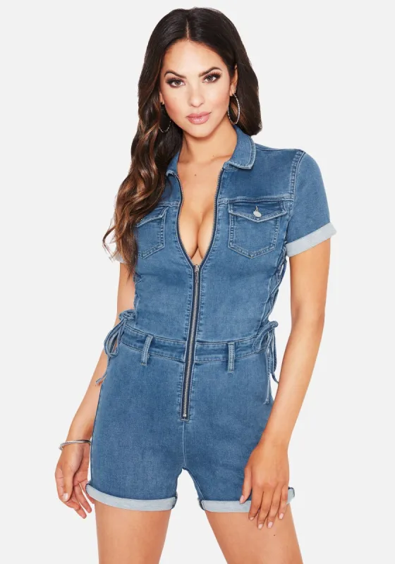 Side Lacing Denim Romper sold by Bebe