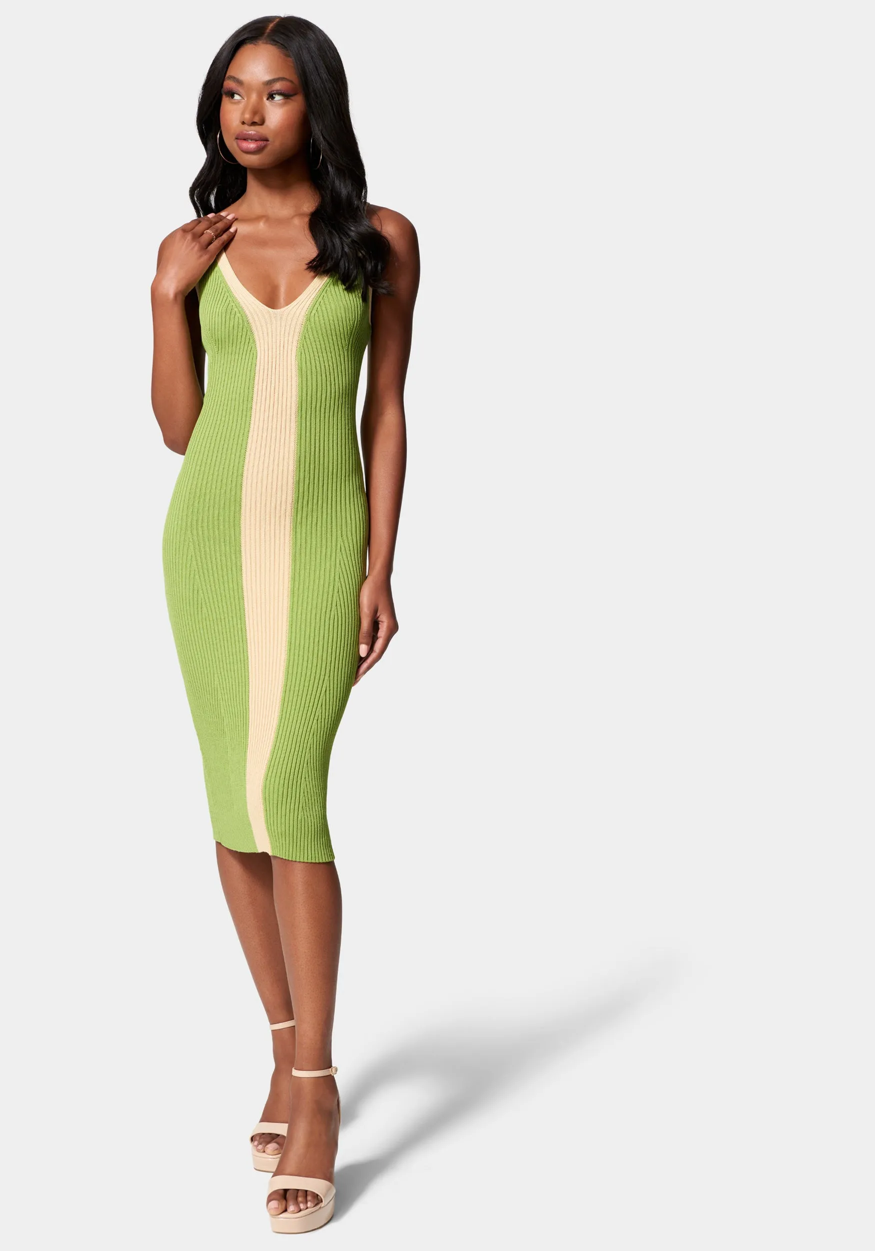 Color Block V-Neck Midi Dress sold by Bebe