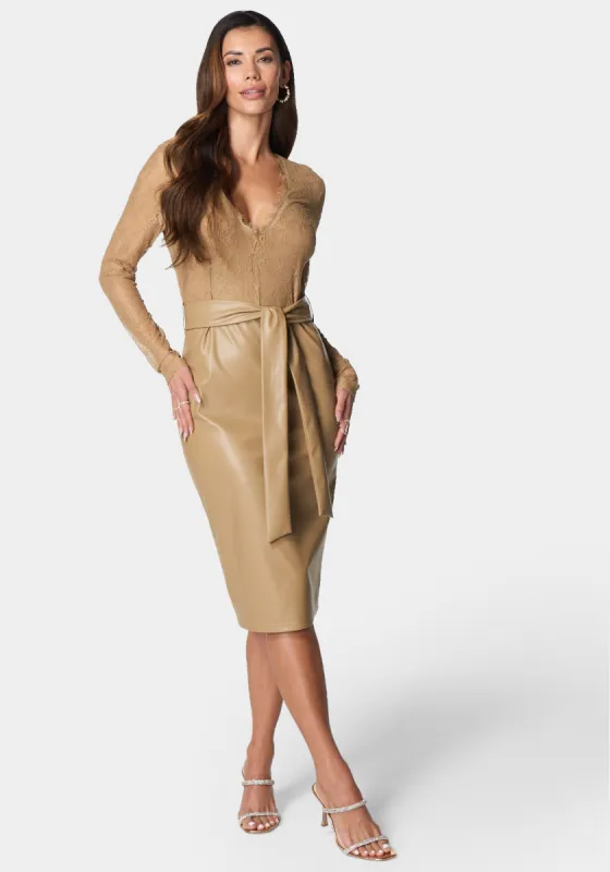 Vegan Leather Lace Midi Dress sold by Bebe