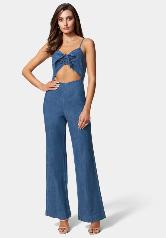Front Ruched Cut Out Wide Leg Lightweight Denim Jumpsuit sold by Bebe