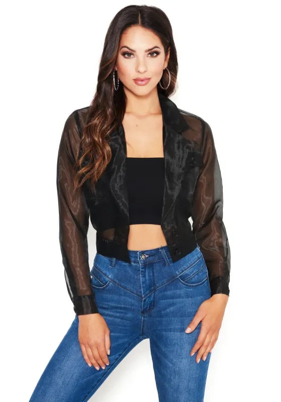 Organza Button Up Crop Jacket sold by Bebe