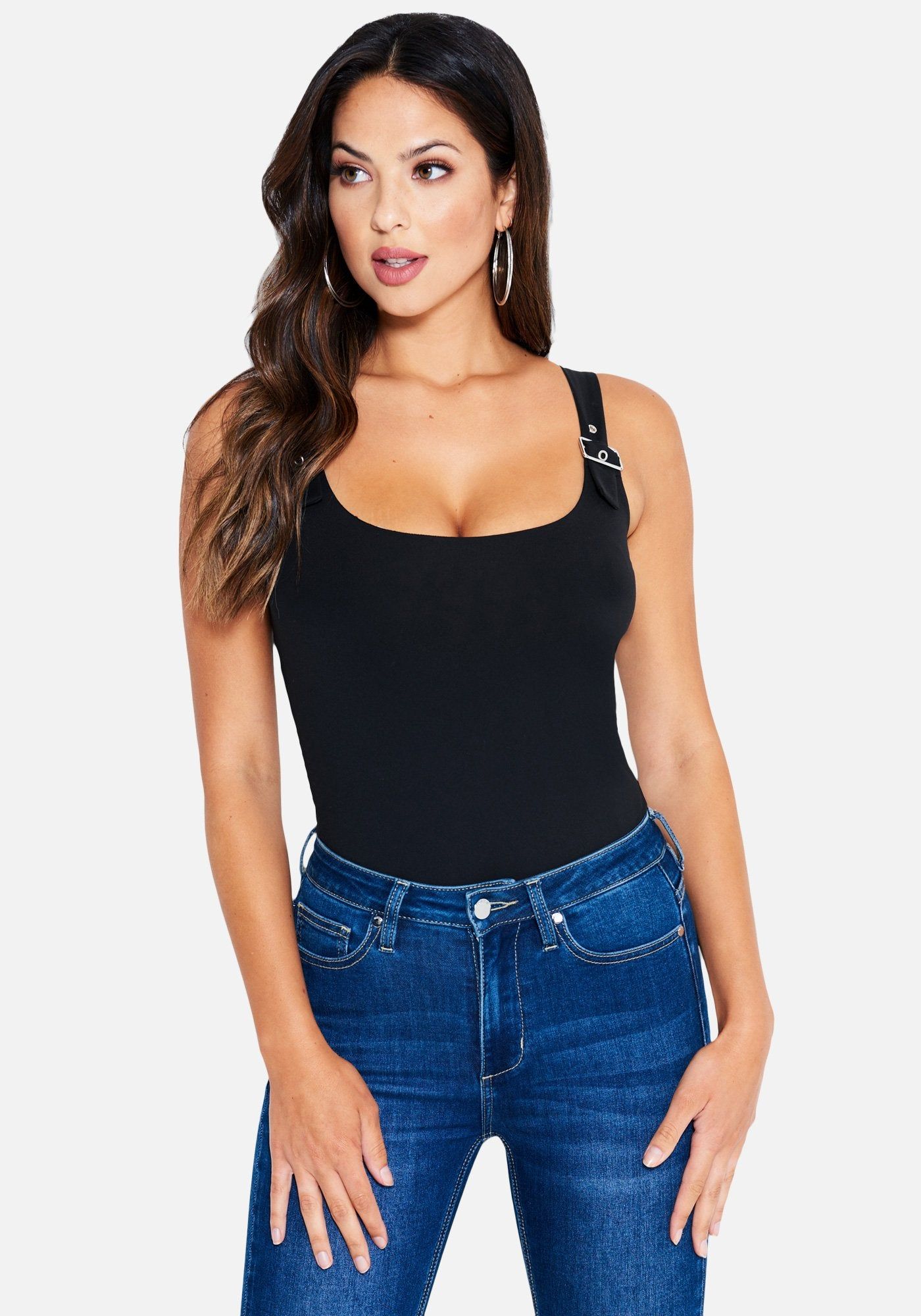 Buckle Shoulder Knit Bodysuit sold by Bebe