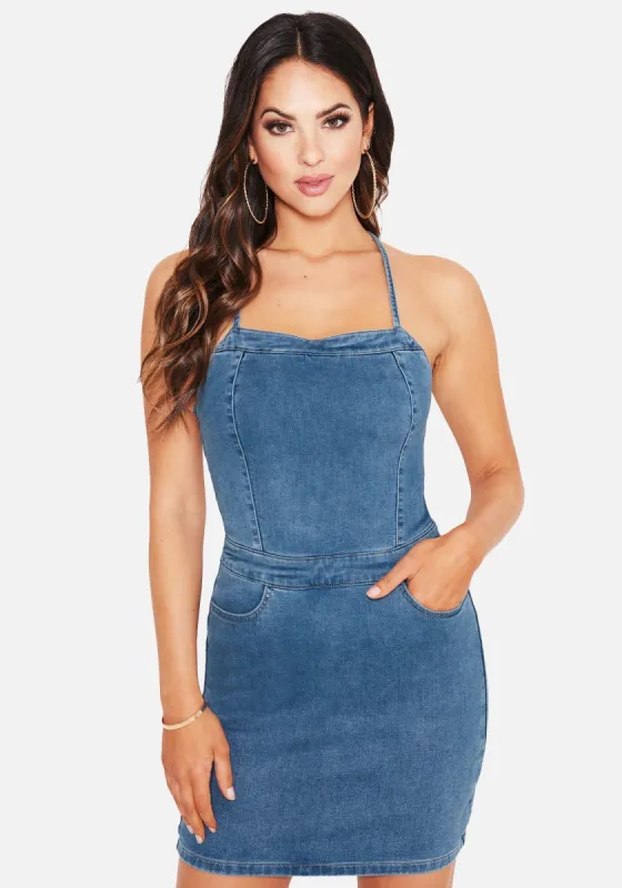 Lace Up Back Jean Mini Dress sold by Bebe