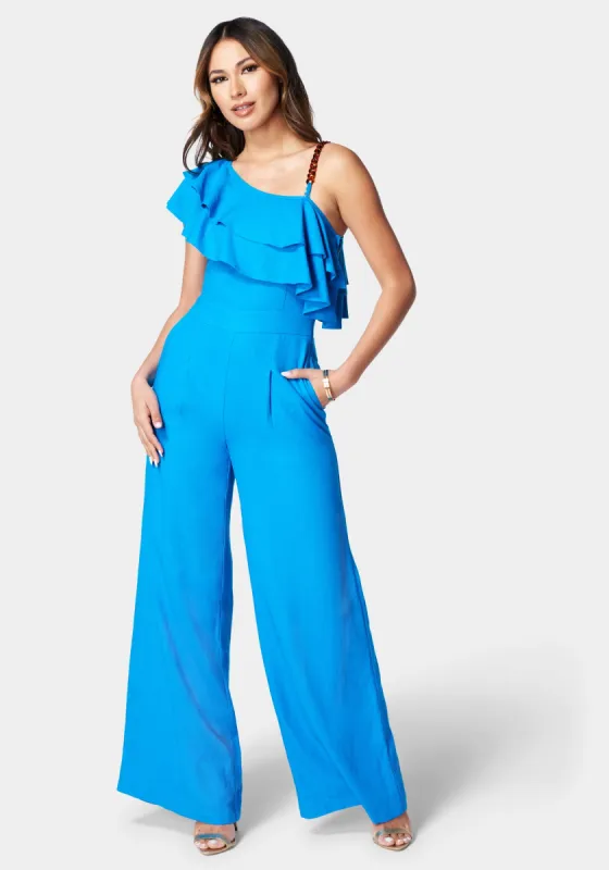Asymmetric Ruffle Neck Wide Leg Jumpsuit sold by Bebe