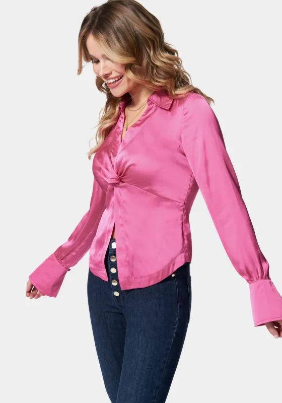Satin Long Sleeve Knot Front Blouse sold by Bebe
