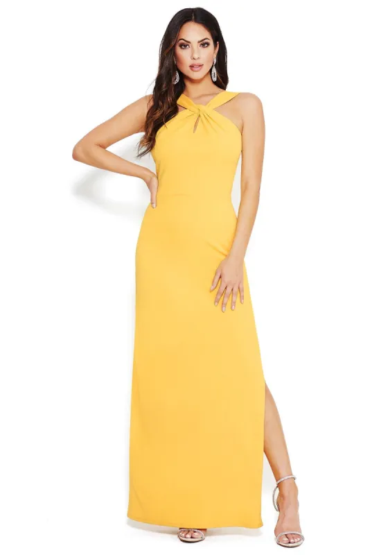 Keyhole Halter Side Slit Gown sold by Bebe