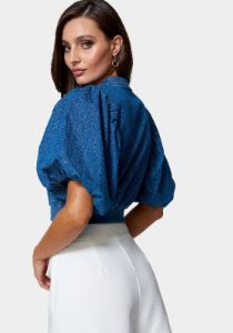 Bubble Sleeve Lightweight Zip Front Denim Jacket sold by Bebe