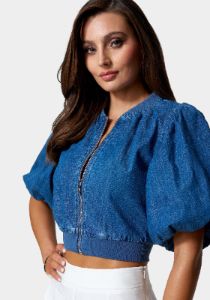 Bubble Sleeve Lightweight Zip Front Denim Jacket sold by Bebe