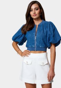 Bubble Sleeve Lightweight Zip Front Denim Jacket sold by Bebe