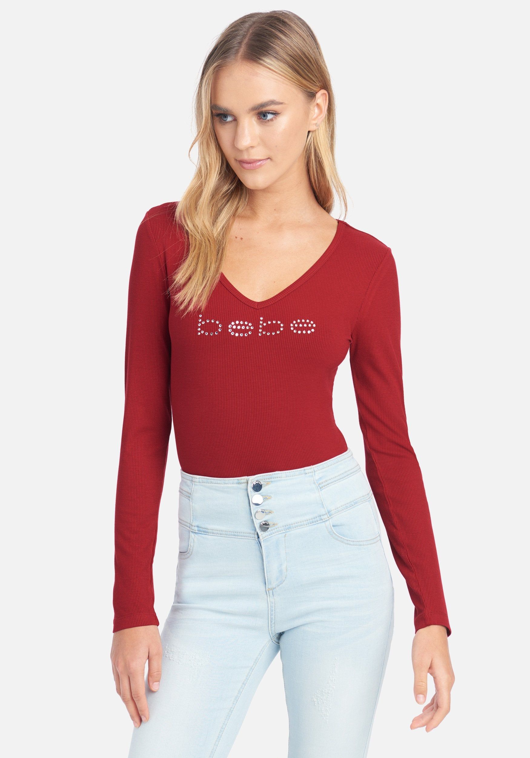 Crystal Logo V-Neck Long Sleeve Tee sold by Bebe