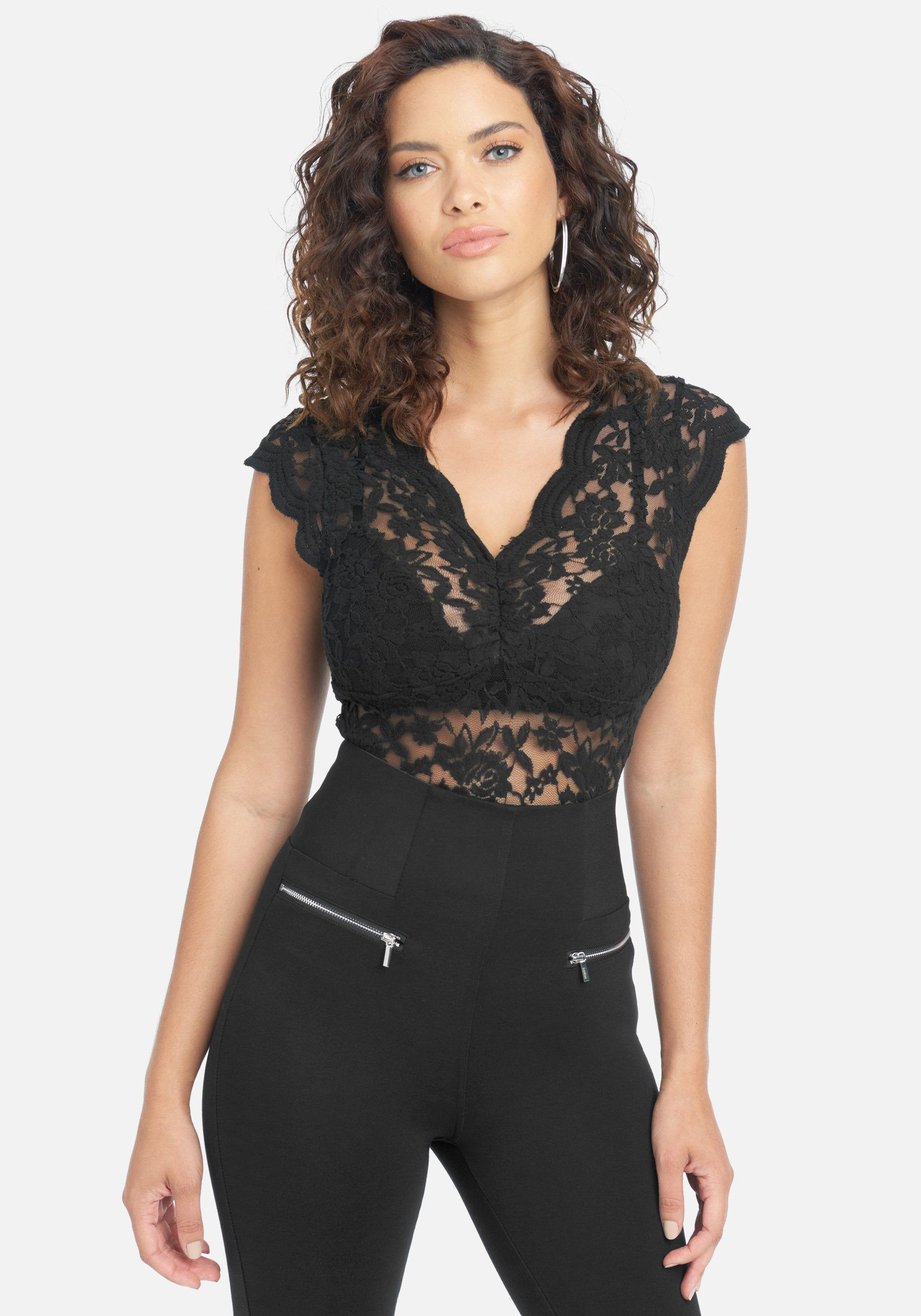 Allover Lace Scallop Knit Top sold by Bebe