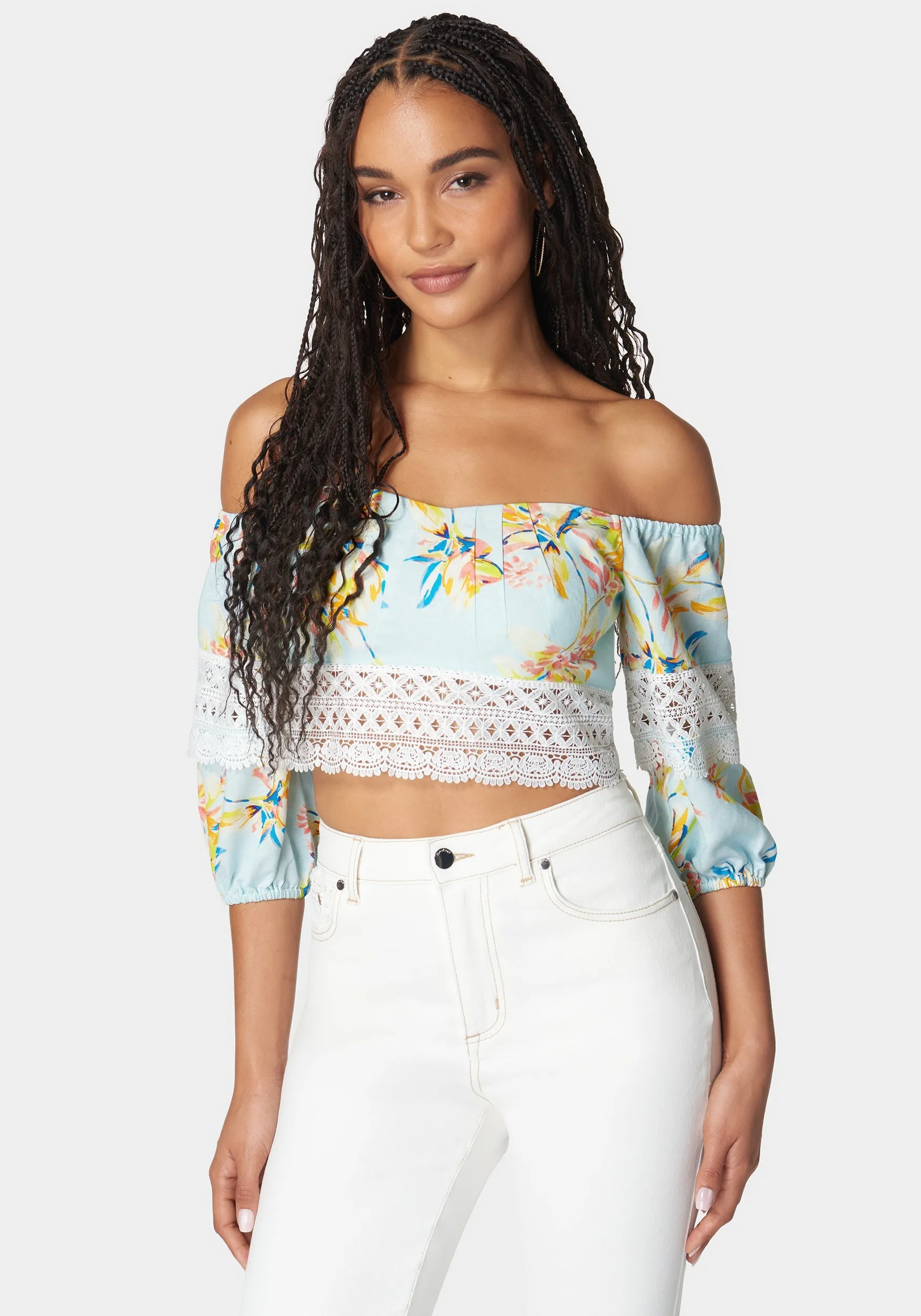 Off Shoulder Crochet Lace Detail Linen Top sold by Bebe