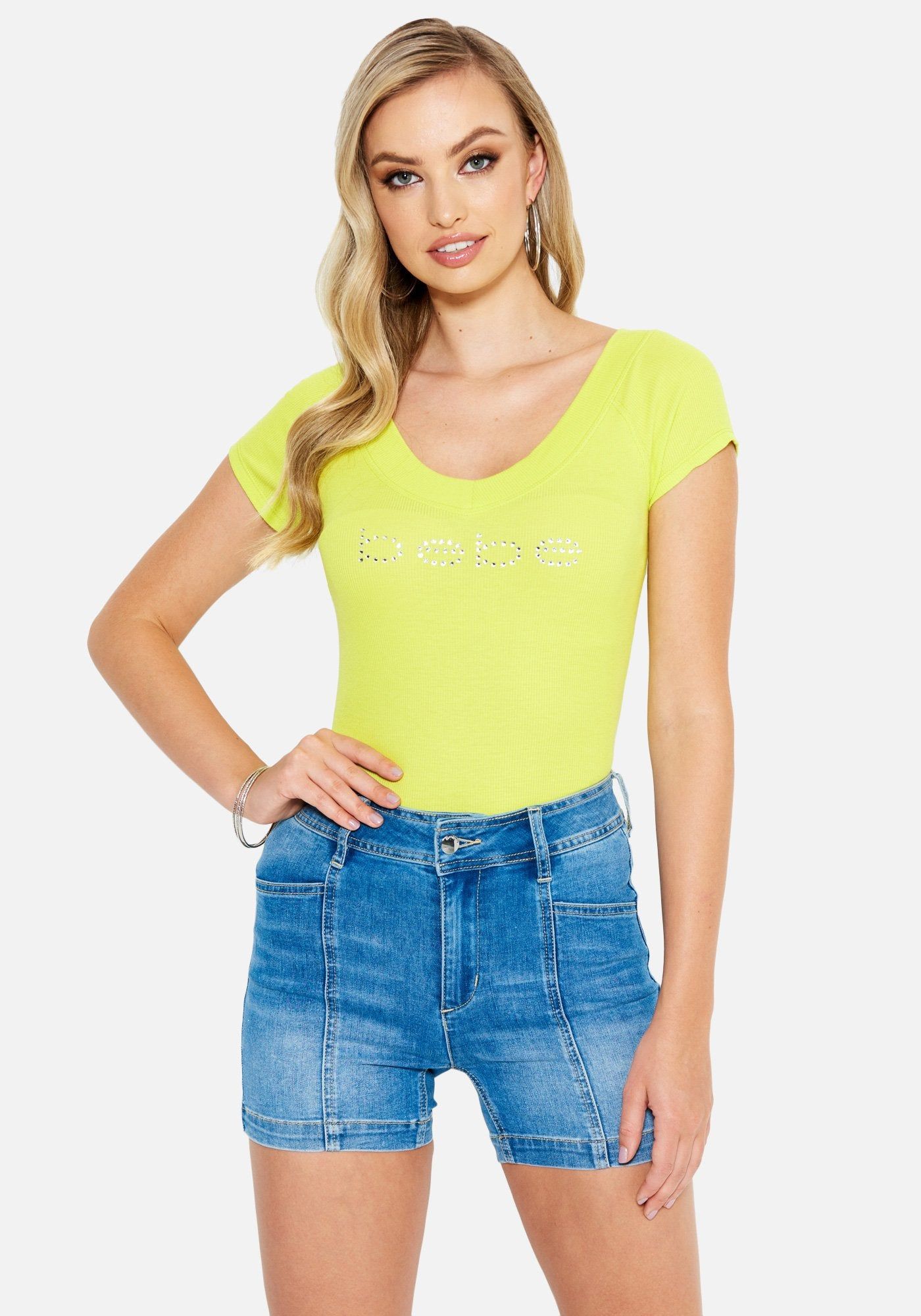 Crystal Logo Double V-Neck Short Sleeve Tee sold by Bebe
