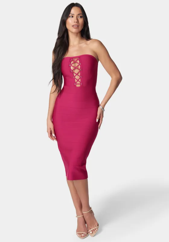 Bandage Lace-Up Strapless Dress sold by Bebe