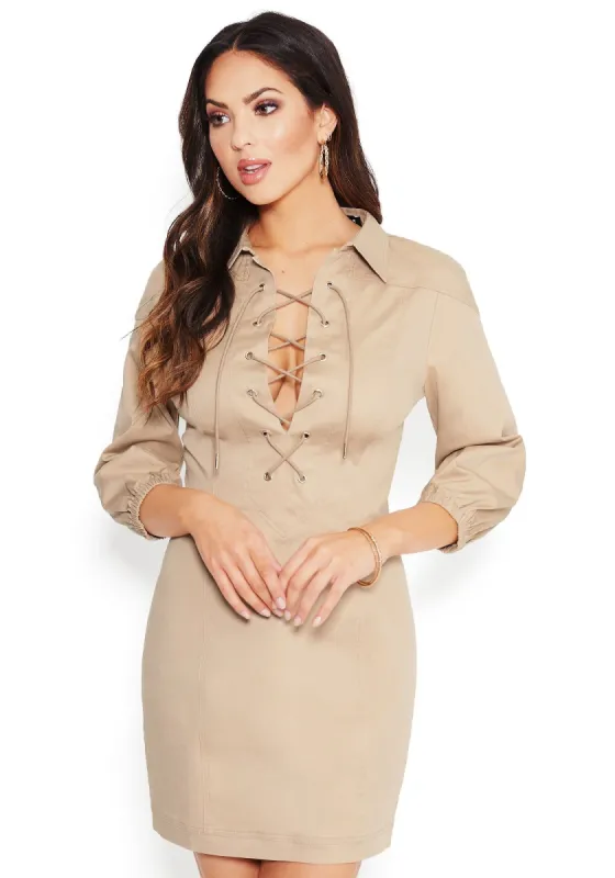 Lace Up Twill Mini Dress sold by Bebe