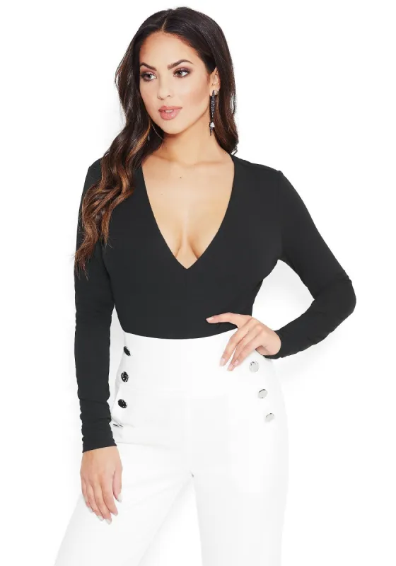 Long Sleeve Deep Plunge Bodysuit sold by Bebe