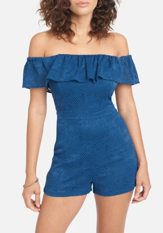 Off Shoulder Lace Romper sold by Bebe