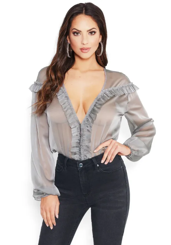 Ruffle Mesh Plunge Bodysuit sold by Bebe