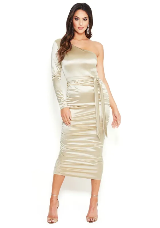 One Shoulder All Over Ruched Dress sold by Bebe